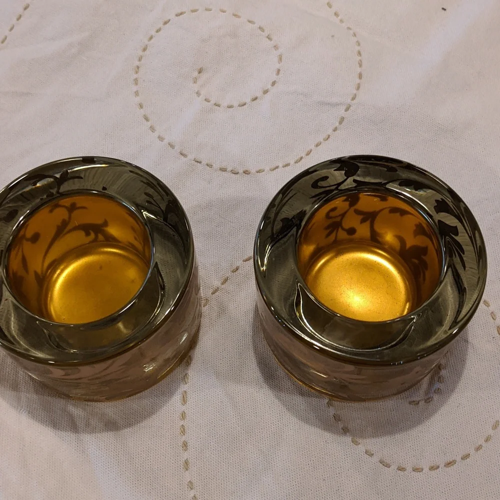 Candle Tealight Holder Set Zodax Gold Amber Floral Vines Round Heavy Glass